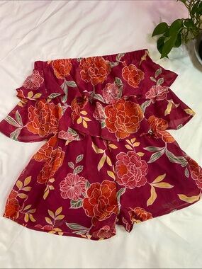 Brand Peach Love- Off-Shoulder Floral Romper in Berry Red- Size Medium
